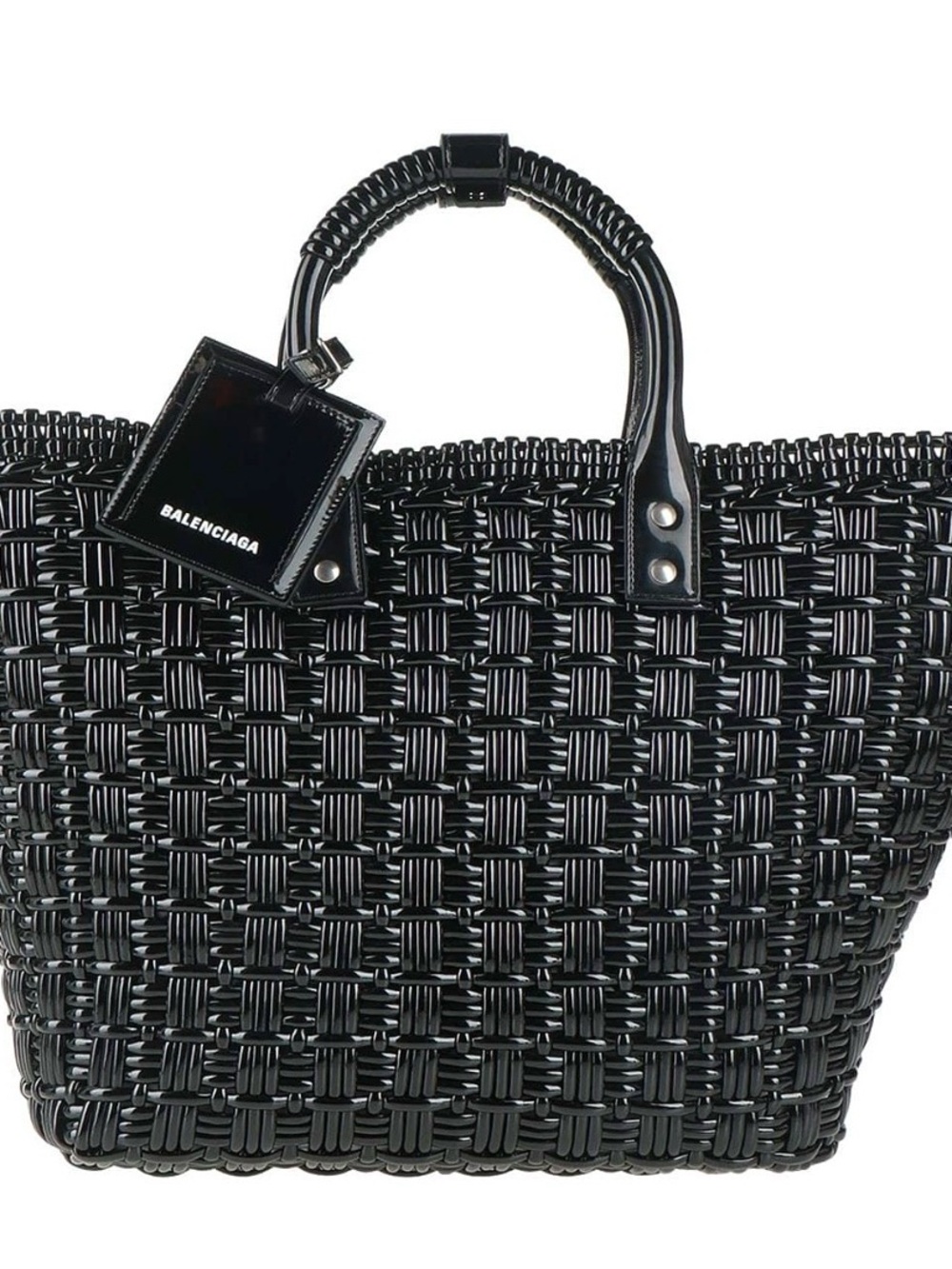 Balenciaga Black Woven Tote with Logo Charm